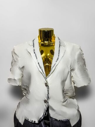 White Textured Contrast-Trim Short-Sleeve Blazer (UK Size L/Bust 40 – Female Blazer) #028